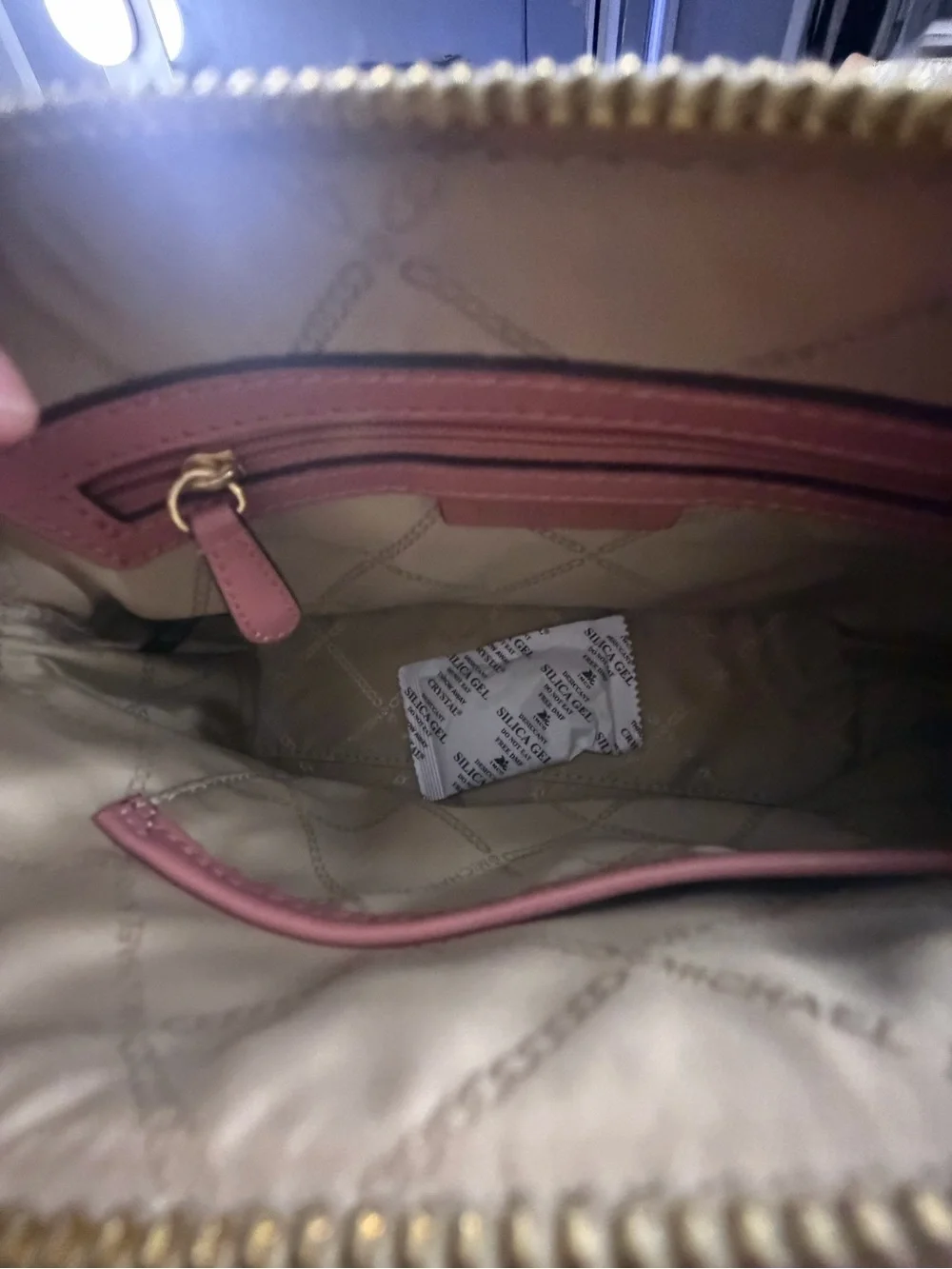Michael Kors Beige MK Signature Dome Crossbody with Pink Stripes